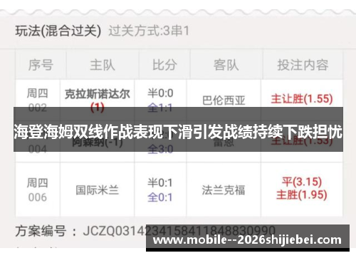 海登海姆双线作战表现下滑引发战绩持续下跌担忧