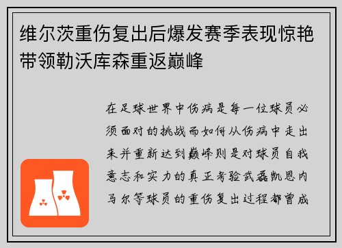 维尔茨重伤复出后爆发赛季表现惊艳带领勒沃库森重返巅峰